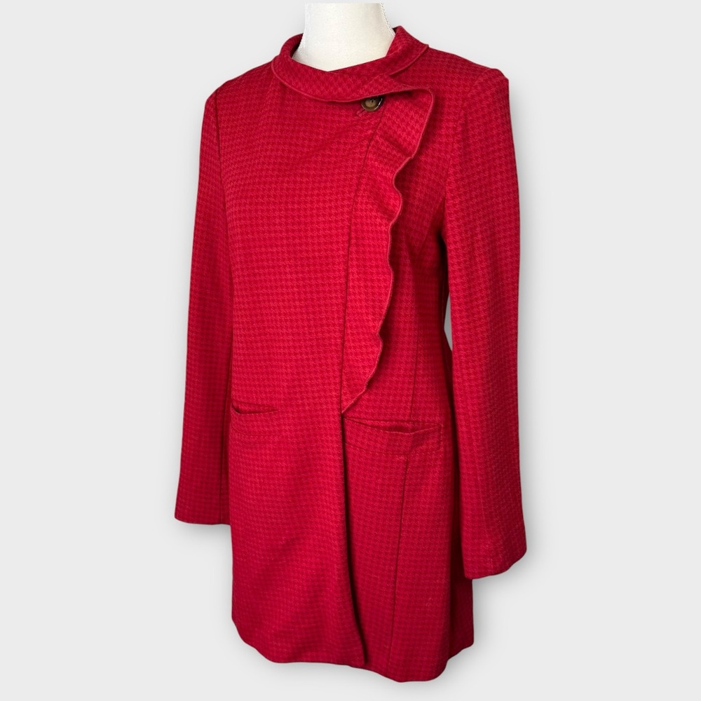 CAbi Red Houndstooth Long Coat S Chic Elegant Ponte Asymmetrical Ruffle Peacoat - Picture 5 of 13